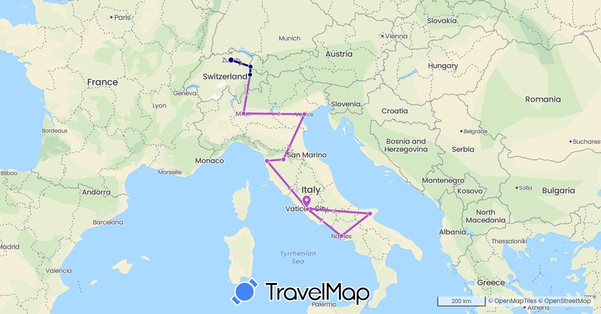 TravelMap itinerary: driving, train in Switzerland, Italy, Liechtenstein (Europe)